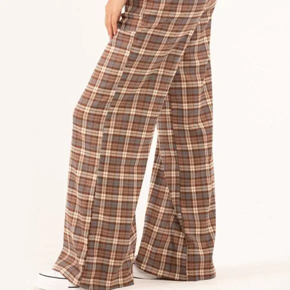 RSQ Womens Wide Leg Brown Plaid Pants/NWT/S - Picture 3 of 16